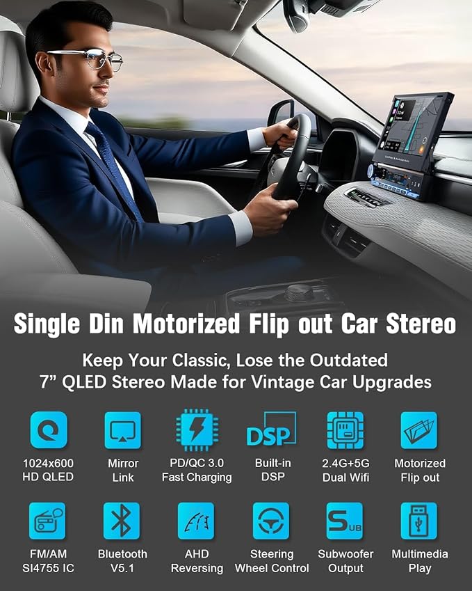 【SOOEMAKA】 Single Din Touchscreen Radio with Wireless CarPlay, 7 inch QLED Android Auto Screen for car,Motorized Flip Out Car Stereo Upgrade Fast Charging(QC/PD 3.0)/AM/FM/DSP/AHD (S7012)