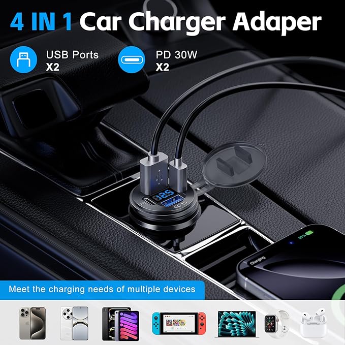 12V USB Outlet, 4 Port Aluminum Charger Socket 2 C PD & 2 QC3.0 with Voltmeter, 12V/24V Car USB Charger Socket for Car Boat Marine Bus Truck Golf RV Motorcycle and More 2-Pack