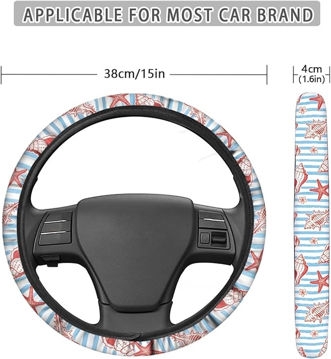 AFPANQZ Auto Steering Wheel Covers Comfort Anti-Slip Safety Stretch-on 14-15 inch, Starfish Shell Print Easy Fix Machine Washable Steering Wheel Protection