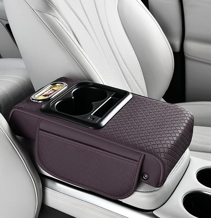2026 Enhanced Car Center Console Armrest Cushion with USB& Type-C Charging, PU Leather Console Pad with Cup Holders, Storage& Tissue Outlet for Most Vehicles (Flat Version, Plum Purple)