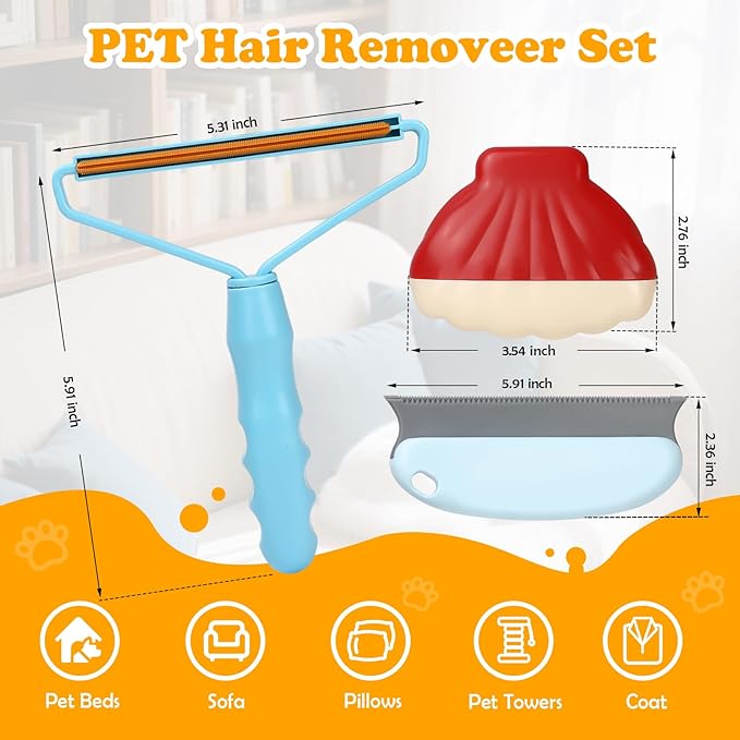 Pet Hair Removal Tool: 3 Pack Cat Dog Hair Removal, Reusable Lint Shaver Cleaner Portable Fur Remover Tool Carpet Scraper, Washable Lint Roller, Brush for Clothes, Car Mats, Couch, Pet Bed, Furniture