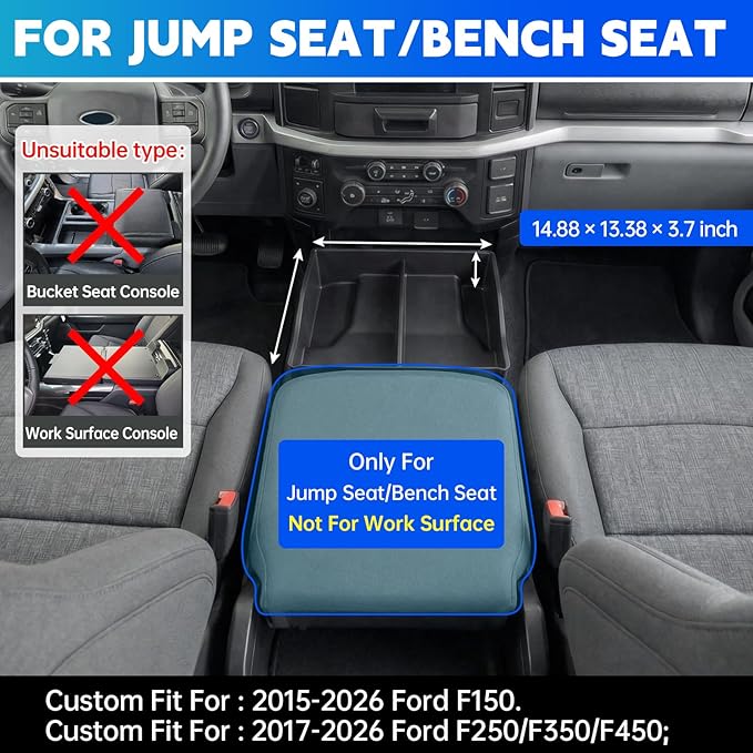 Floor Console Organizer Fits for 2015-2026 Ford F150 & 2017-2026 F250 F350 F450 Center Console Storage Compatible with F150-450 Jump Seat/Bench Seat Accessories Large Capacity Armrest Tray