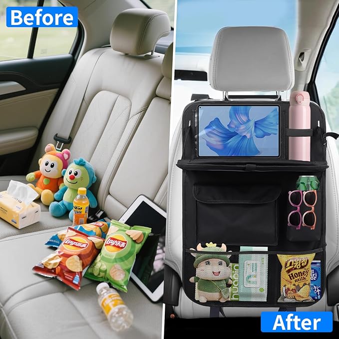 TCJJ Car Seat Organiser, Car Organiser Back Seat for kids, Car Backseat Seat Kick Protector with Tray and Touch Screen Tablet Storage Pockets Black/2 Pack
