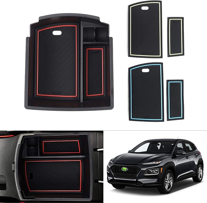 Autorder Center Console Organizer for Hyundai Kona 2018-2021 2022 2023 Accessories Armrest Storage Box Secondary Insert Tray with 3 Color Mats (Not for Kona EV)