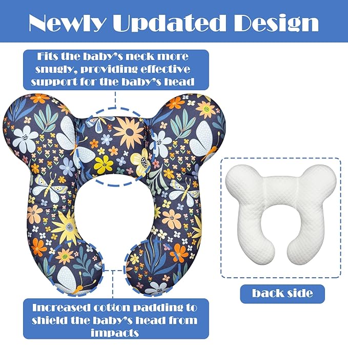 Baby Head Support Pillow for Newborn Toddler, Baby Neck Pillow Upgraded Comfortable Sleep Cushion for Car Plane Stroller Pushchair - Flower B