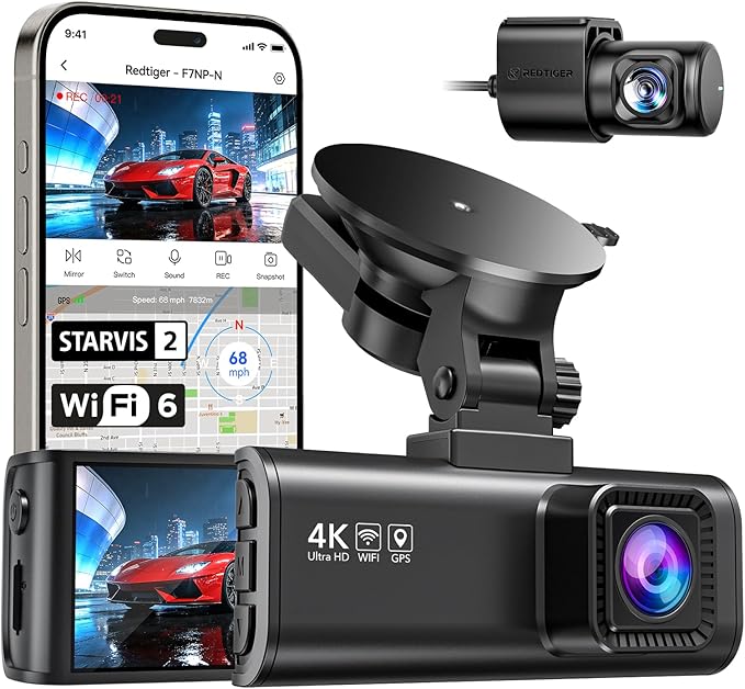 REDTIGER Dash Cam 4K Front and 1080P Rear, STARVIS 2 Sensor, 5.8GHz WiFi (20MB/s), GPS, WDR & HDR Night Vision, 170°Wide Angle, Parking Mode, Loop Recording with Emergency Lock(SD Card Not Included)