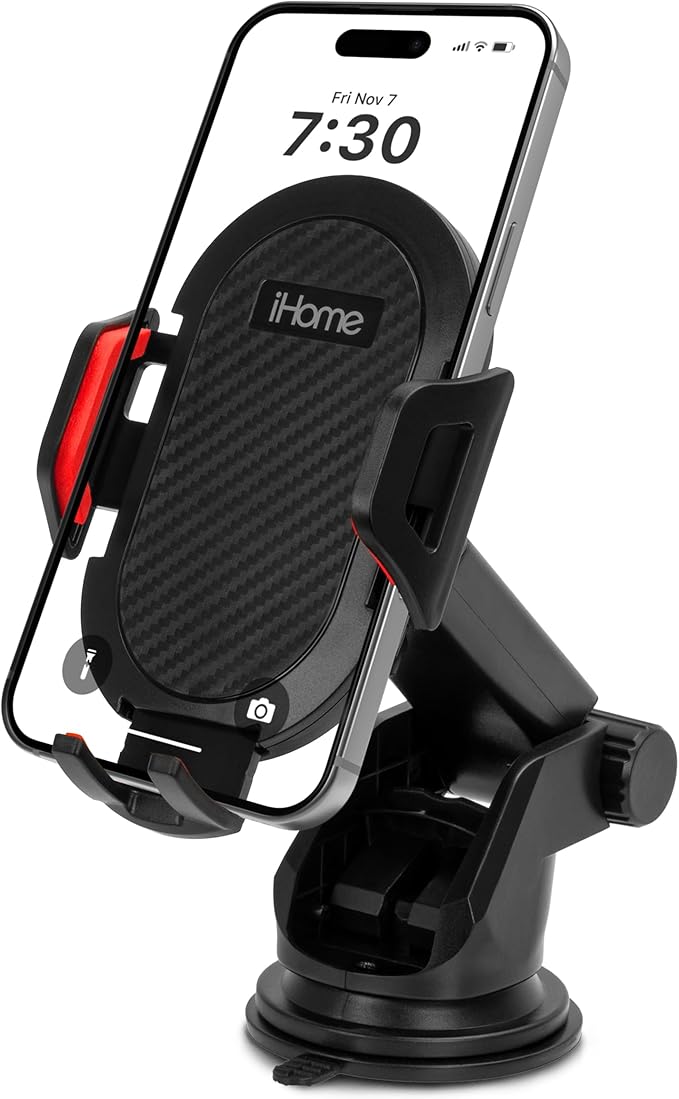 iHome Car Mount, Dashboard/Windshield/Vent Mount, Swivel Neck, Silicone Grip, Adjustable Mount Arm with Suction Cup Base (Adjustable Arm Car Mount)