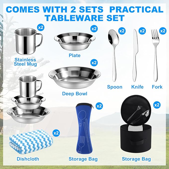 18 Pcs Camping Tent Set for 2-3 Person Include Tent Sleeping Bag Waterproof Camping Tarp Stainless Steel Mess Kit with Mug Bowls Utensils Carry Sack Complete Outdoor Travel Set