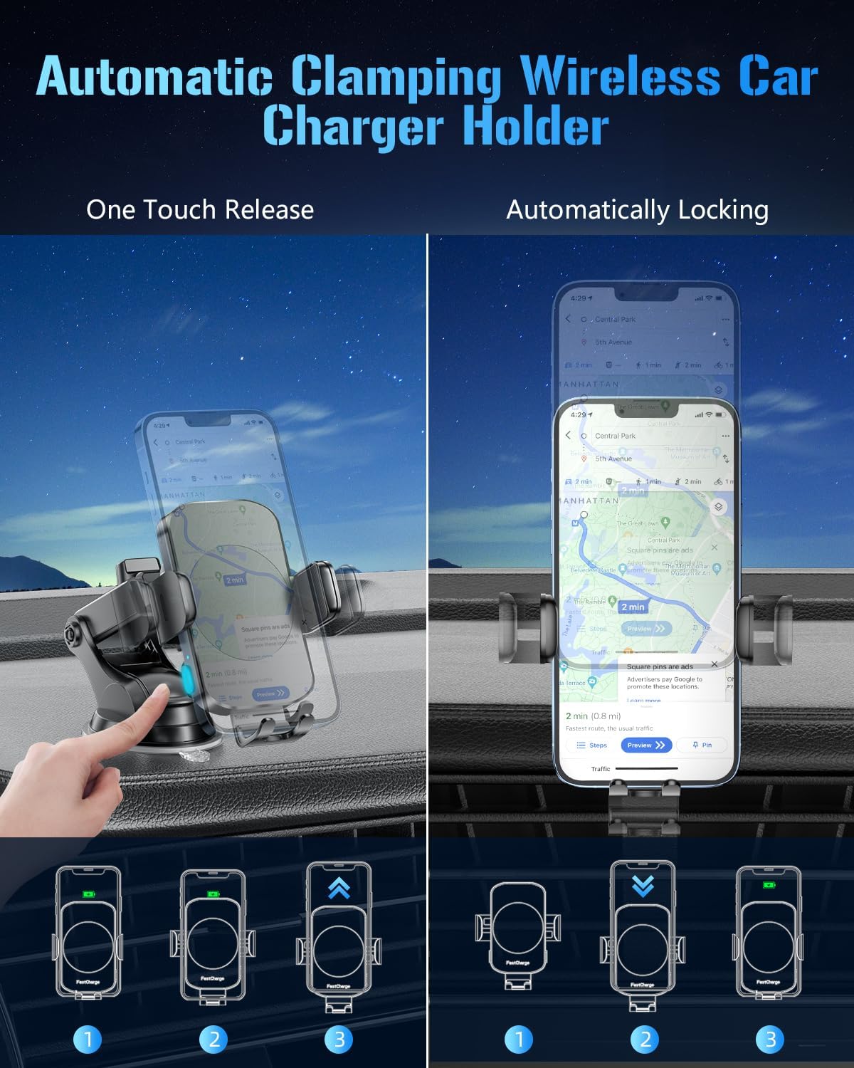 Wireless Car Charger, Fast Charging Phone Holder 3 in 1 Phone Mount Auto Clamping Car Accessories Compatible with iPhone 16 15 14 13 12 11 Xs XR, Samsung S23 Ultra S22 S21 S20/S10+ S9(Midnight Black)