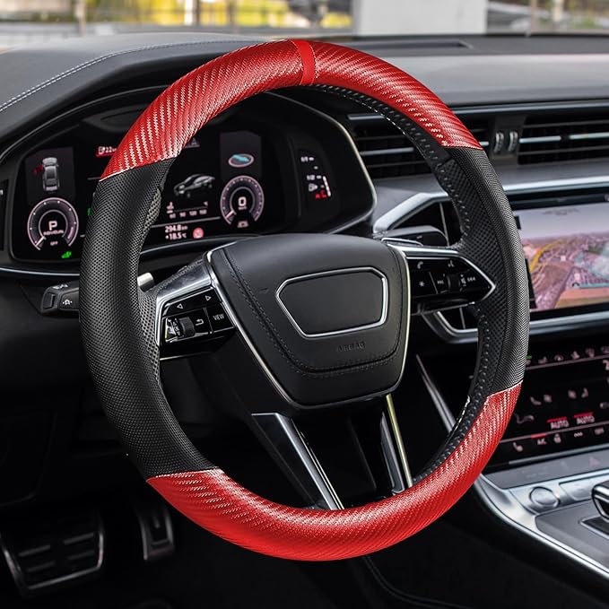 Car Steering Wheel Cover, Steering Wheel Accessories, 15 Inch Microfiber Leather Carbon Fiber Soft Anti-Slip Breathable, Car Accessories Elastic Non-Slip Cover for Most Vehicles (Red)