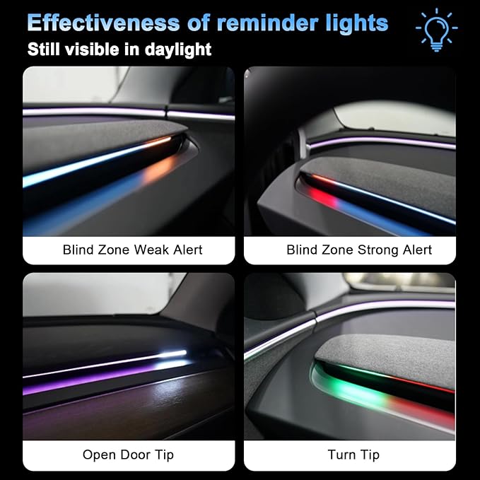 Tesla Smart Blind Spot Detection Ambient Lighting for Tesla Model 3 Y Highland Juniper, Plug-and-Play, Custom Color Modes Dynamic Safety Alerts & Driving Mode Effects Neon Light Kit (Highland)