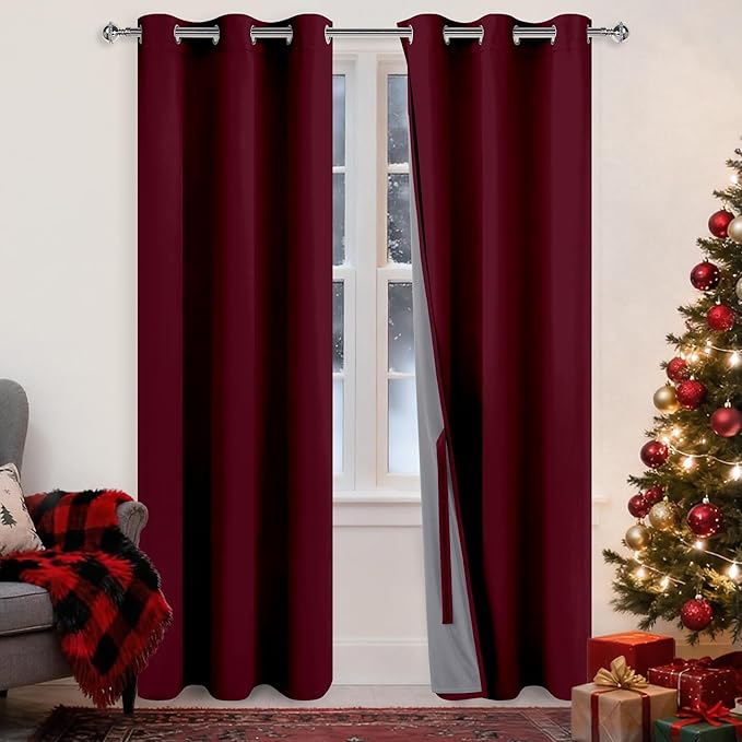XWZO 100% Blackout Curtains with Tiebacks- 2 Thick Layers Completely Shaded Window Treatment Thermal Insulated Lined Drapes with Grommets for Bedroom/Patio Door, Burgundy, W42 x L84, Set of 2 Panels