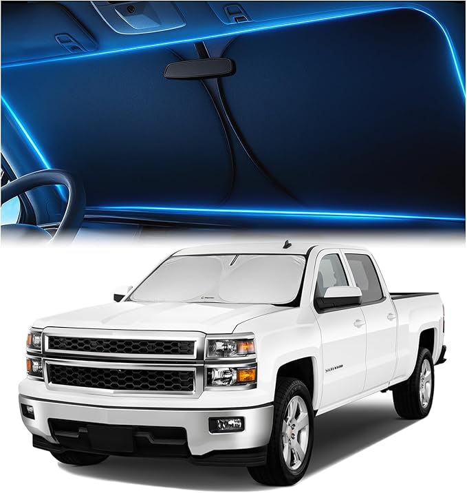 Windshield Sunshade for Chevrolet Silverado 1500, 2500HD, 3500HD & GMC Sierra 2014–2018 – Upgraded Double-Layer Design, Mirror Cut-Out, Blocks 99% UV Rays, Easy-Fold Windshield Sun Shade
