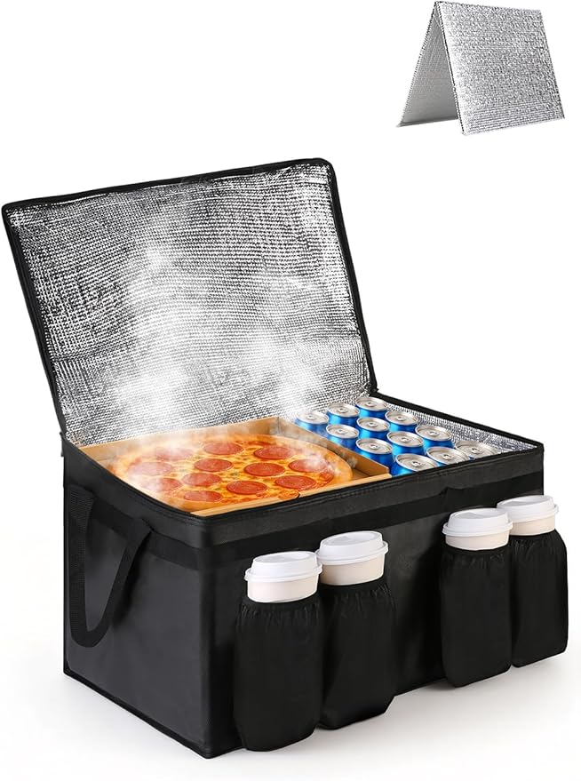 Bodaon Insulated Grocery Bags with 4 Cup Holders -Insulated Bags for Food Delivery with Zippered Top, Food Carrier for Catering, Pizza Bag and Cooler Bag for Takeout, Picnic, Shopping, Car Use