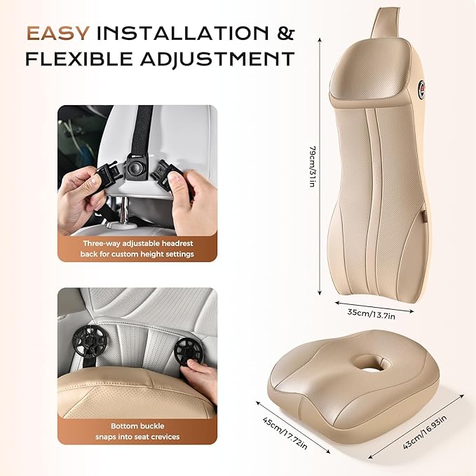 Coverado Car Seat Cushion and Integrated Neck Pillow Lumbar Support Kit, Ergonomic Lumbar Support Pillow for Car, Soft Leather Memory Foam Car Seat Cushion for Sciatica & Back Pain Relief, Beige