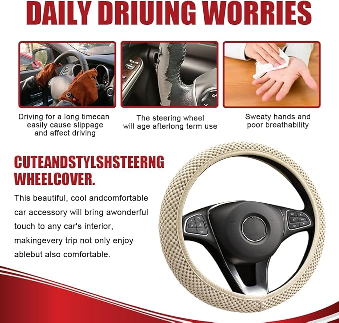 Elastic Stretch Steering Wheel Cover, Universal 15 Inch Car Steering Wheel Protector, Beige