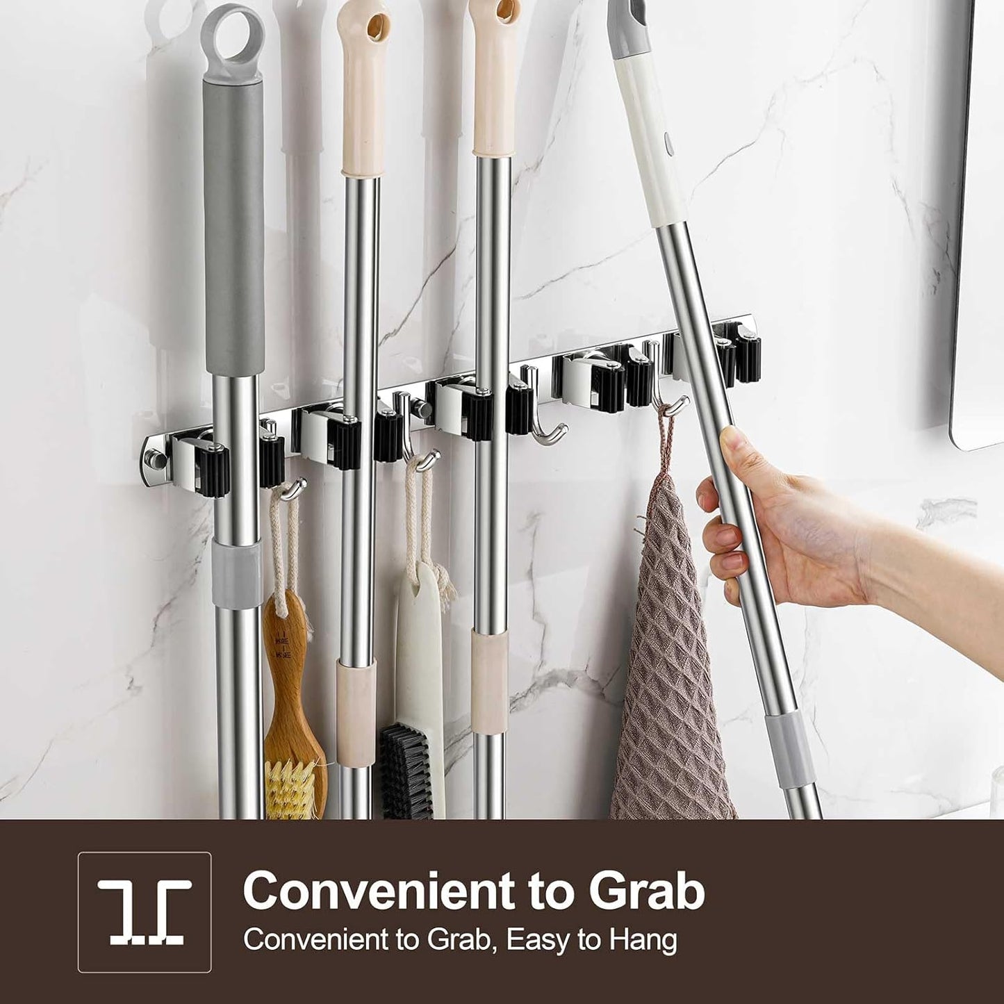 Broom Holder Wall Mount, Stainless Steel Broom Hanger Wall Mount, Heavy Duty Mop and Broom Holder Tool Racks Utility Hooks for Laundry Room Garden Garage, Black (5 Racks and 4 Hooks)