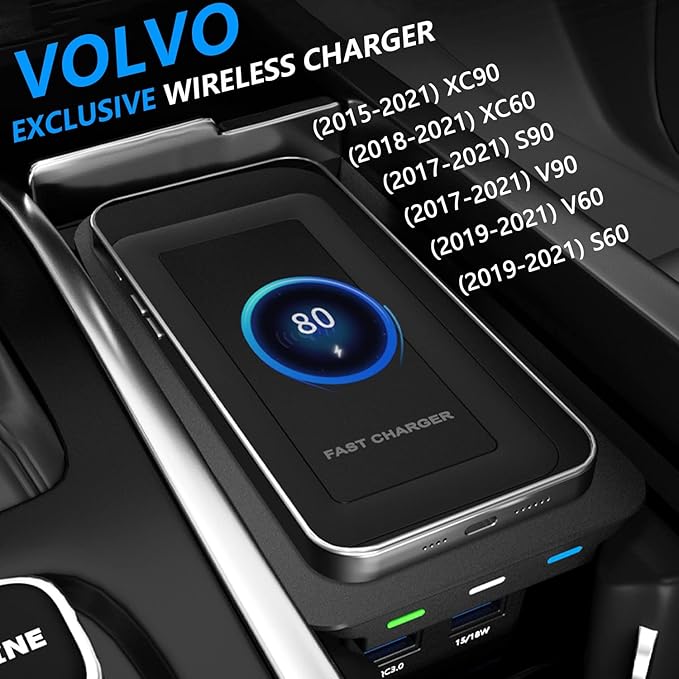 Wireless Car Charger for Volvo XC90 XC60 S90 S60 V90 V60 2017-2022 Hybrid SPA Accessories, 15W Fast Charging Phone Charger Pad with QC3.0 USB Port for iPhone 12/13/13 Pro Galaxy S22/S21