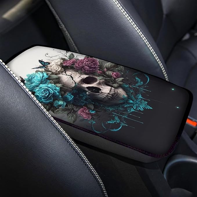 Skull Print Car Center Console Armrest Cover Rose Butterfly Print Armrest Box Cover Center Console Pad Neoprene Car Decor Accessories for Women Men, Easy to Install