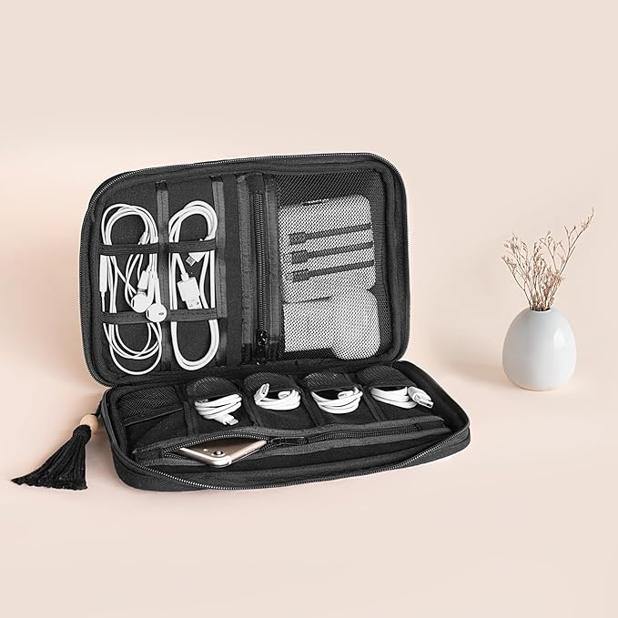 Mkono Electronics Organizer Travel Cable Cord Organizer Cotton Bag, Portable All-in-One Accessories Travel Essentials Storage Case with Tassel for Cable Charger Phone USB Pouch for Women, Black