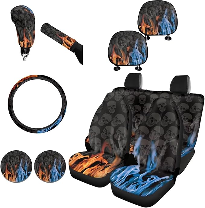 FKELYI Car Seat Covers with Skull Fire Design - Car Handbrake, Gear Shifter Knob & Steering Wheel Cover Set - Neoprene with Headrest Pads and Cup Coasters