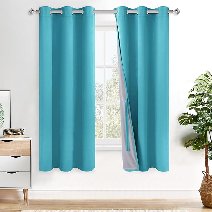 XWZO Full Shading Blackout Curtains with Tiebacks - Heat and Light Blocking Ring Top Window Drapes with Black Liner Backing for Bedroom/Kid's Room, Turquoise, W42 x L72, Set of 2 Panels