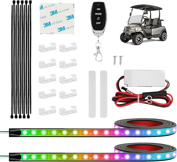 Golf Cart Underglow LED Light Strip Kit, 28 RGB Modes with Music Sync & Wireless Remote | 12-85V Wide Voltage, Fit Club Car, EZGO, Yamaha (2/4/6 PCS)