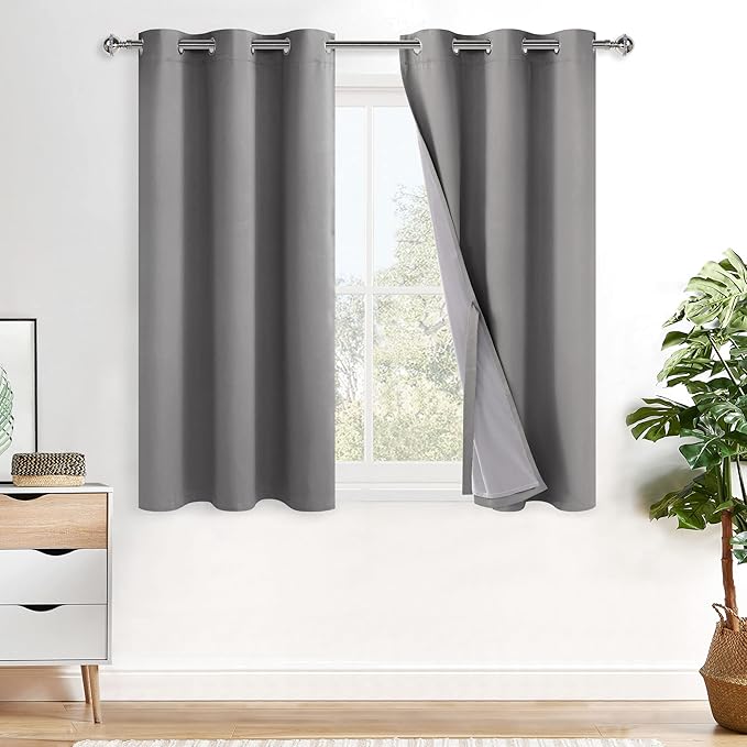 XWZO Complete Blackout Shades Window Curtain Panels with Tiebacks- Noise Reduction and Light Blocking Grommet Curtains with Black Liner for Studio, Basement Room, Grey, W42 x L45, Set of 2
