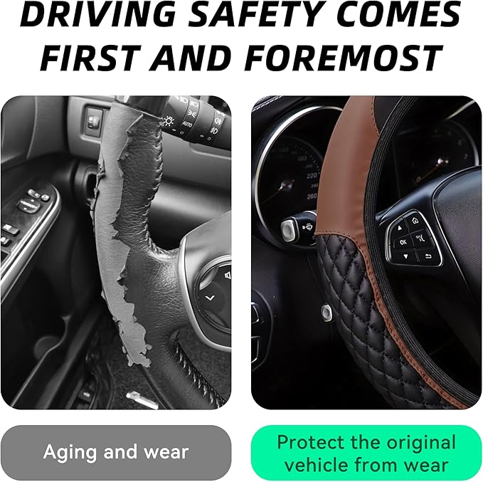Bling Car Steering Wheel Cover, Diamond Leather Crystal Rhinestones Vehicles Steering Wheel Protector, Sparkling Anti-Slip Automotive Interior Decoration Accessories, Universal Fit (Brown)