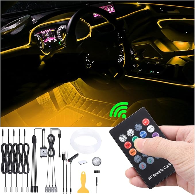 6 Meters Optic Fiber Car Ambient Lighting with RF Remote Control 64 Colors Multicoloured Music Interior Footwell Lighting Kit DC 12V 1W