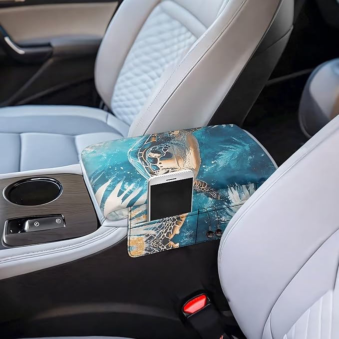 Center Console Armrest Cover for Car, Turtle Print Armrest Cushion Cover Pad with 4 Pockets, Car Accessories Fit for Sedan, Truck, SUV Soft Car Armrest Cover