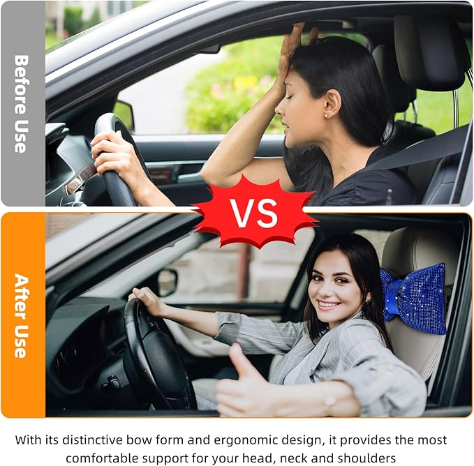 4 PCS Bling Car Pillows,Rhinestones Bowknot Car Headrest Pillow,Car Neck Pillow for Driver Relax Necksupport,Sleeping Travel Support Neck Pillow,Shiny Diamond Interior Accessories for Women,Blue
