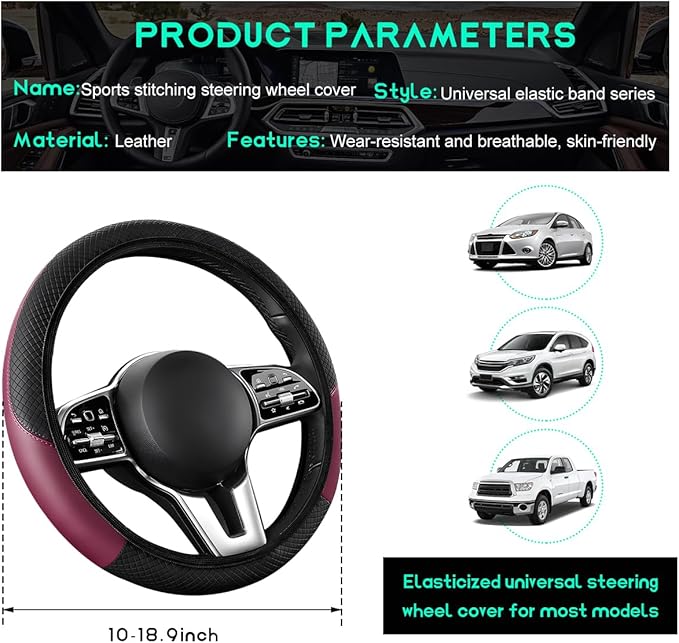 Car Steering Wheel Cover, 15 inch Carbon Fiber Microfiber Leather Elastic Steering Wheel Protector, Breathable Anti-Slip Comfortable Steering Wheel Covers for Most Cars (Wine Red, AD)
