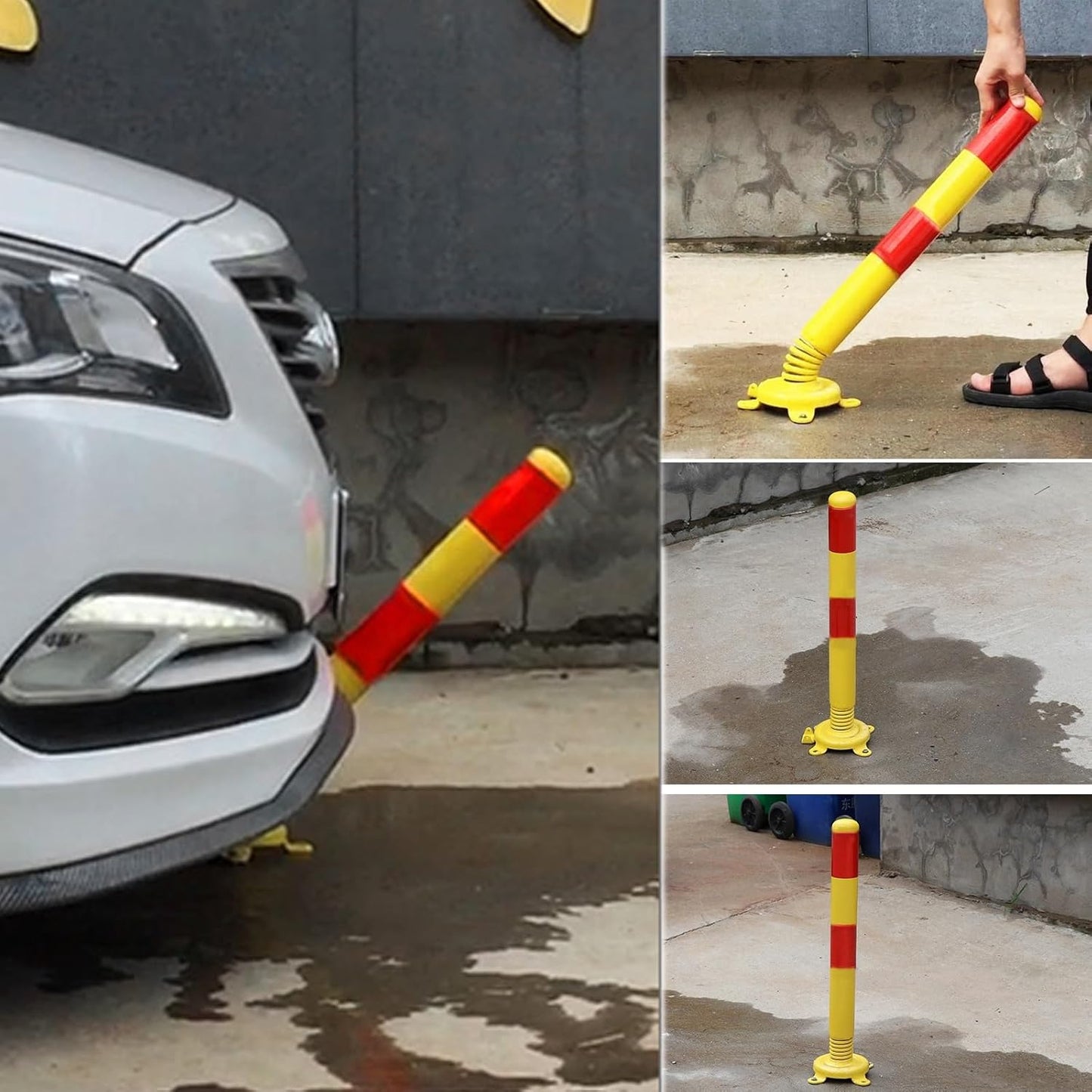 Safety Bollard Post, Spring Parking Post with Warning Stripes, Driveway Garage Security Post Barrier, Traffic Barricade Cones, for Indoor and Outdoor Parking(Yellow (4PCS))
