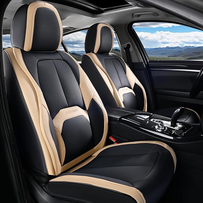Coverado Seat Covers, Premium Nappa Leather Car Seat Covers Front Seats, Waterproof Car Seat Protector with Lumbar Support, Front Driver Seat Covers Universal Fit for Most Cars (Black&Beige)