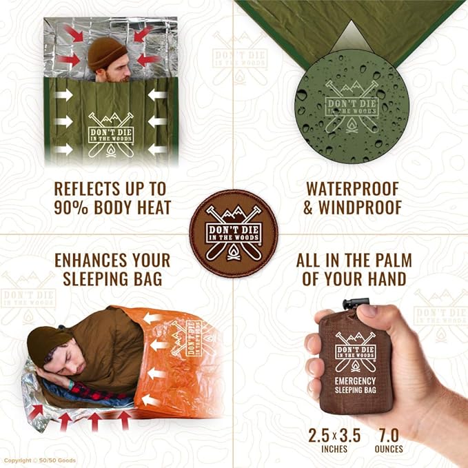 Don’t Die in The Woods - Emergency Sleeping Bag with Hood - Made with Extra Thick Thermal Mylar - 10 Essentials Hiking Camping Blanket, Survival Gear Tactical Car Disaster Bug Out First Aid Kits