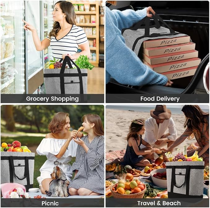 mosago 2PK Reusable Grocery Tote Bags, Insulated Cooler Shopping Bag for Women, Pizza/Food Delivery Bags to Keep Food Hot/Cold for Commercial Food Transport, Cooler Bag for Travel/Picnic, Collapsible