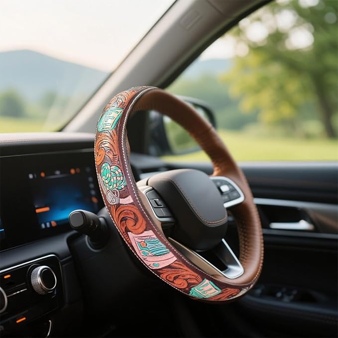 Steering Wheel Cover Western Car Tooled Leather Retro Cowboy Car & Truck Accessory, Universal 15 Inch Non Slip Wheel Cover for SUV, Pickup, Comfortable Grip, Easy to Install (Sky Blue)