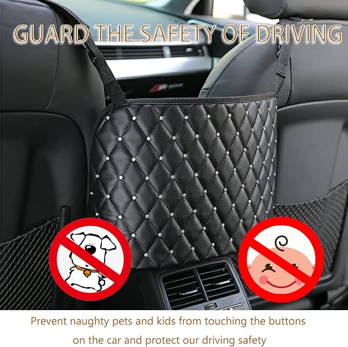 Car Net Pocket Handbag Holder with Diamond Bling Driver Netting Pouch, Handbag Holder Front Seat, Barrier of Backseat Pet Kids Storage & Pocket (Black with Diamond)