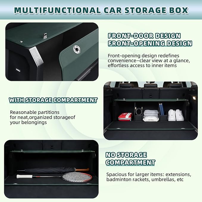 Car Trunk Organizer Sturdy Car Storage Organizer with Lid and Push-pull Handle Collapsible Leather Cargo Organizer for Suv, Truck, Sedan, Van (Green, 40.5 x 11.4 x 12.2in)
