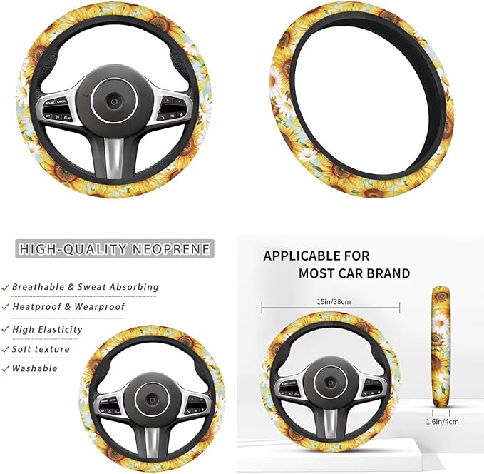 Highland Cow Print Car Accessories 6 Pcs Sets Sunflower Car Steering Wheel Cover Set for Men Women Cup Coaster Cars Armrest Cover Fits Most Cars Trucks Vans SUV