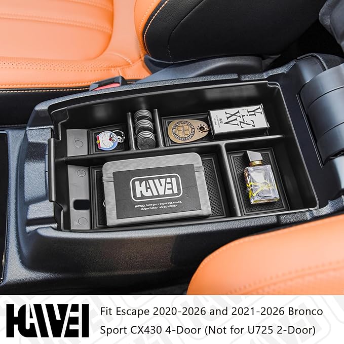 HGWEI Center Console Organizer Tray Compatible with Ford Escape 2020-2026/Bronco Sport 2021-2026 Accessories, Insert Container ABS Secondary Armrest Storage Box (Not for U725 2-Door), Black