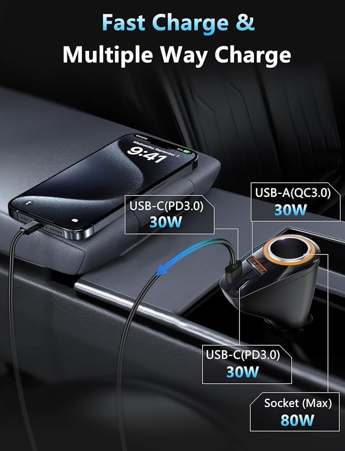 4 in 1 USB C Car Charger, 170W Multi USB Cigarette Lighter Adapter, Socket Splitter with 3 Ports, 12V/24V Dual USB Type C PD Fast Car Charger Adapter for iPhone 17/Air/16/15 Pro Max iPad GPS