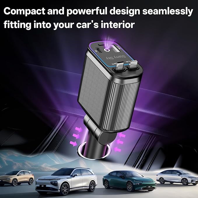BERTHALESS Retractable Car Charger, 4 in 1 Fast Charging Car Charger USB-C & USB-A Compatible with iPhone 16/15/14/13/12/11,Galaxy,Pixel