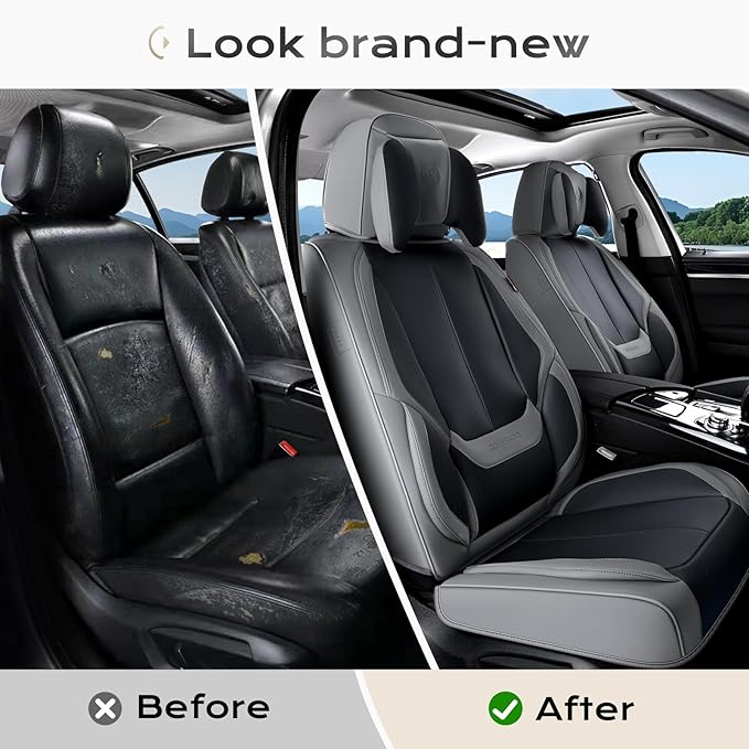 Coverado Seat Covers Full Set, 5 Seats Seat Covers for Cars, Waterproof Nappa Leather Car Seat Covers with Head Pillow, Seat Protectors Car Seat Cushion Universal Fit for Most Cars (Gray&Black)