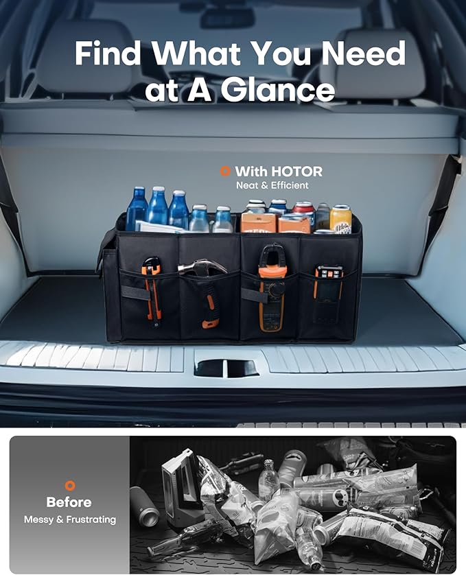 HOTOR Foldable Trunk Organizer - SUVs & Sedans, Sturdy Car Organization With 2 Compartments, Black, 23.6"×14.2"×10.6"