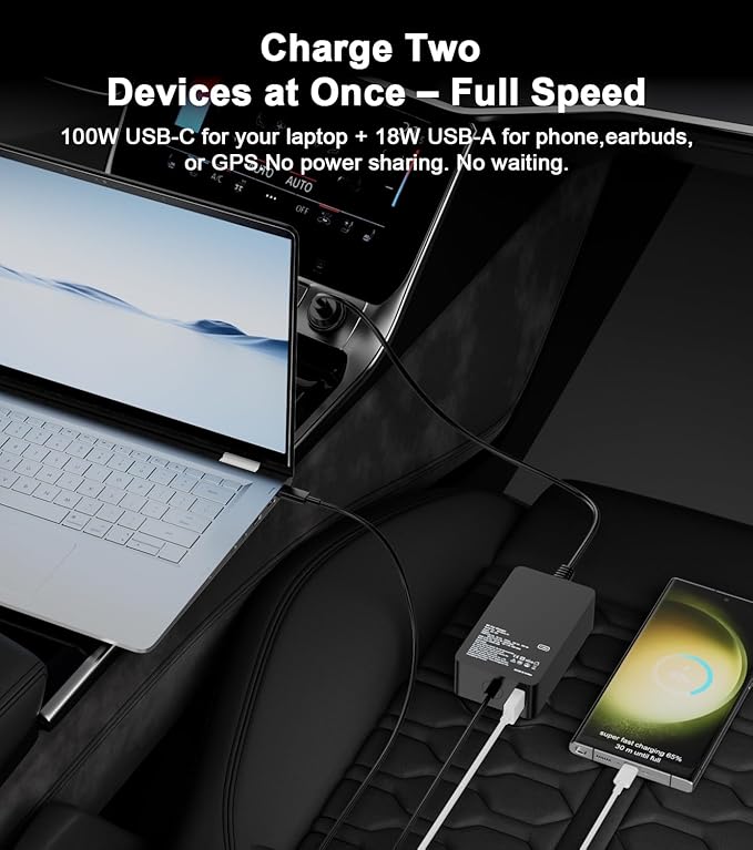 Laptop Car Charger 100W, USB C Port – Replacement for MacBook Pro/Air, Dell, HP, Lenovo,ASUS, Acer - with Extra USB-A Port for Tablets, Phones, Earbuds and More Other USBC Devices Computer AC Adapter