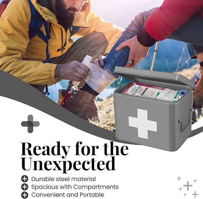 Flexzion Medicine Box, Home Pharmacy Box, 33 x 21 x 19 cm, Metal Medication Storage Box for Emergency, First Aid Cabinet, with Side Handles, Removable Tray & 5 Compartments, Grey