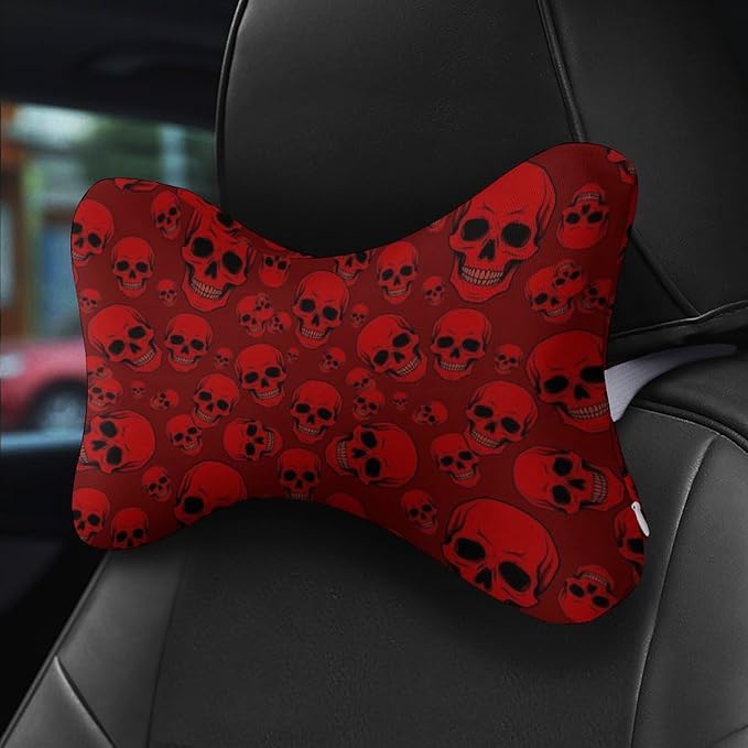 2 Pack Car Neck Pillow Compatible with Red Skulls, Softness Car Headrest Pillow for Driving with Adjustable Strap, Memory Foam Removable Cover, Comfortable Ergonomic Design