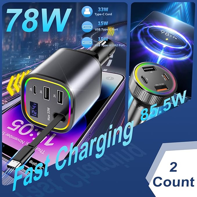 2 Car Charger USB C, AGEMANY 78W Retractable Car Charger with Cable 4in1 & 4 Ports Cigarette Lighter Adapter 85.5w Fast Charging Car Phone Charger for iPhone Android, 12v/24v Car Accessories Gift